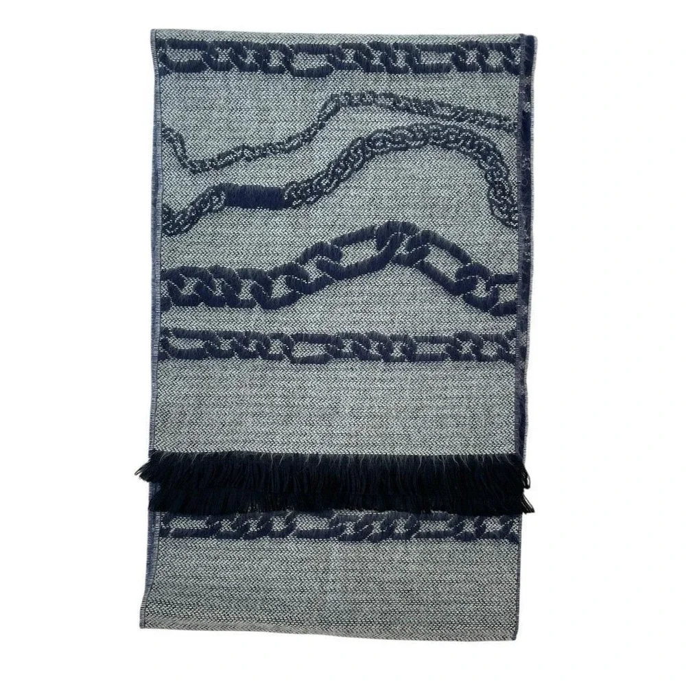 Preppy‎ Coastal Knit Scarf Blue Gray Nautical Chain Reversible Knit Classic Chic